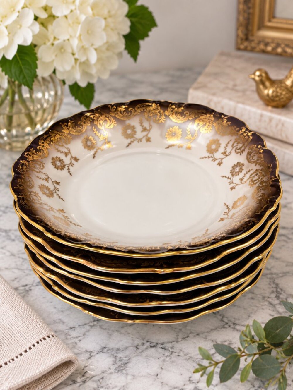 EBERTHAL avaria Germany Gold Floral Porcelain 8" Bowls Set of 7